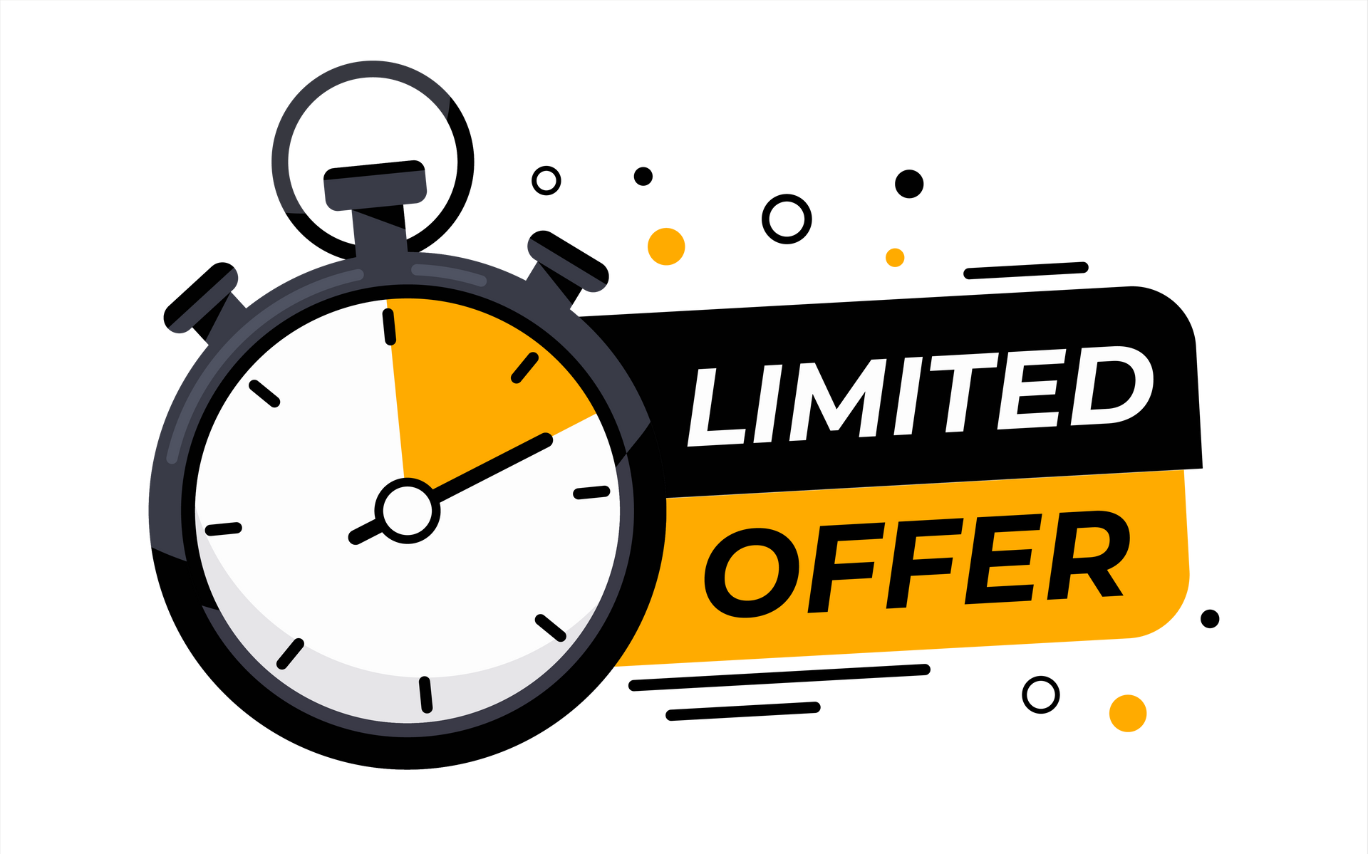 Black stopwatch with limited offer text on a yellow and black banner.