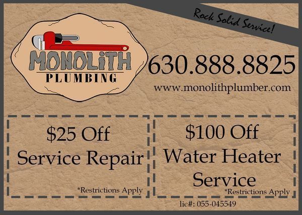 A plumbing services advertisement offering discounts. Brown and tan background with logo, contact info, and coupons.