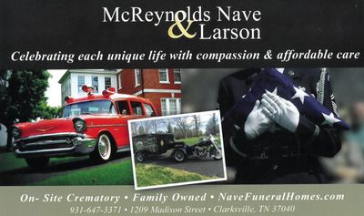an advertisement for mcreynolds nave & larson celebrating each unique life with compassion and affordable care