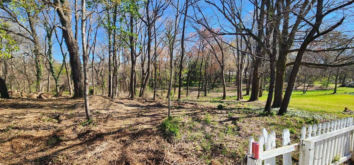 A view of a wooded area with a white picket fence in the foreground, under a bright blue sky.