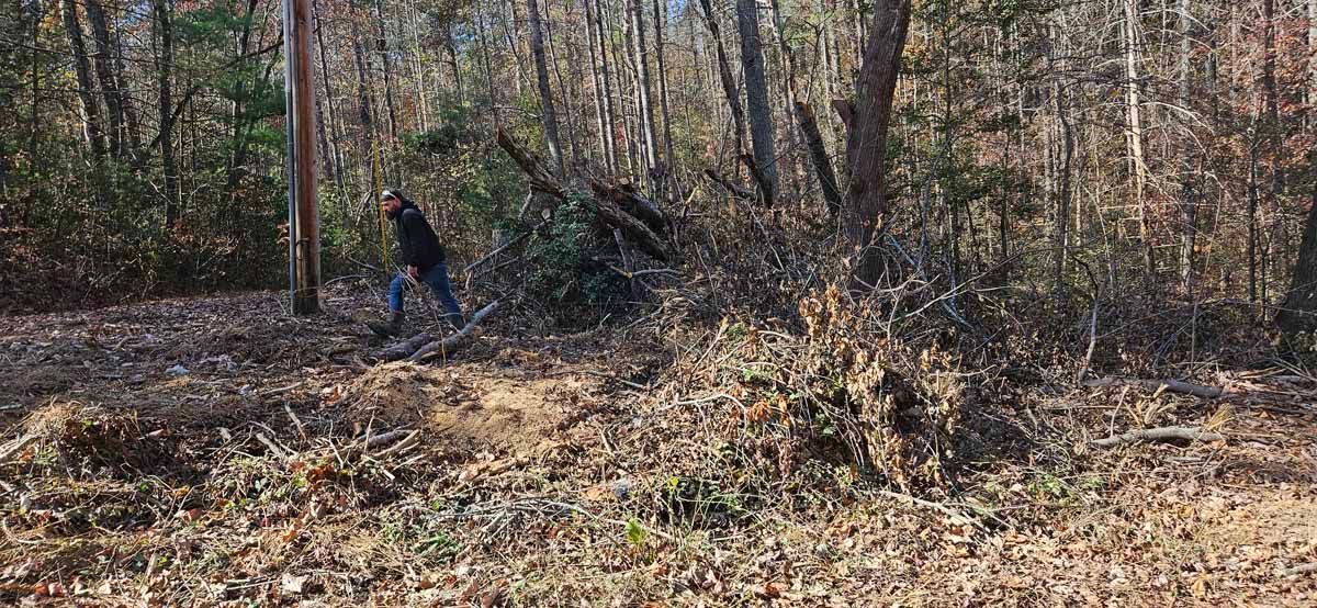 Person in a forest clearing, working near a utility pole. Trees and dead leaves.