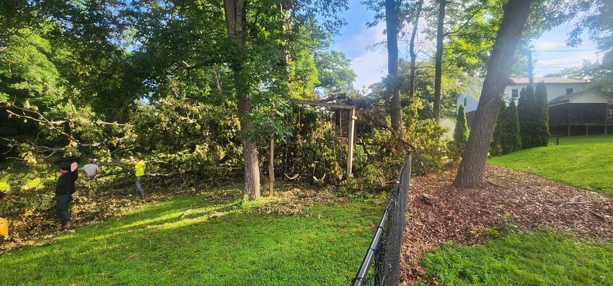 Fallen trees block a backyard. Two figures in bright vests work to clear debris.