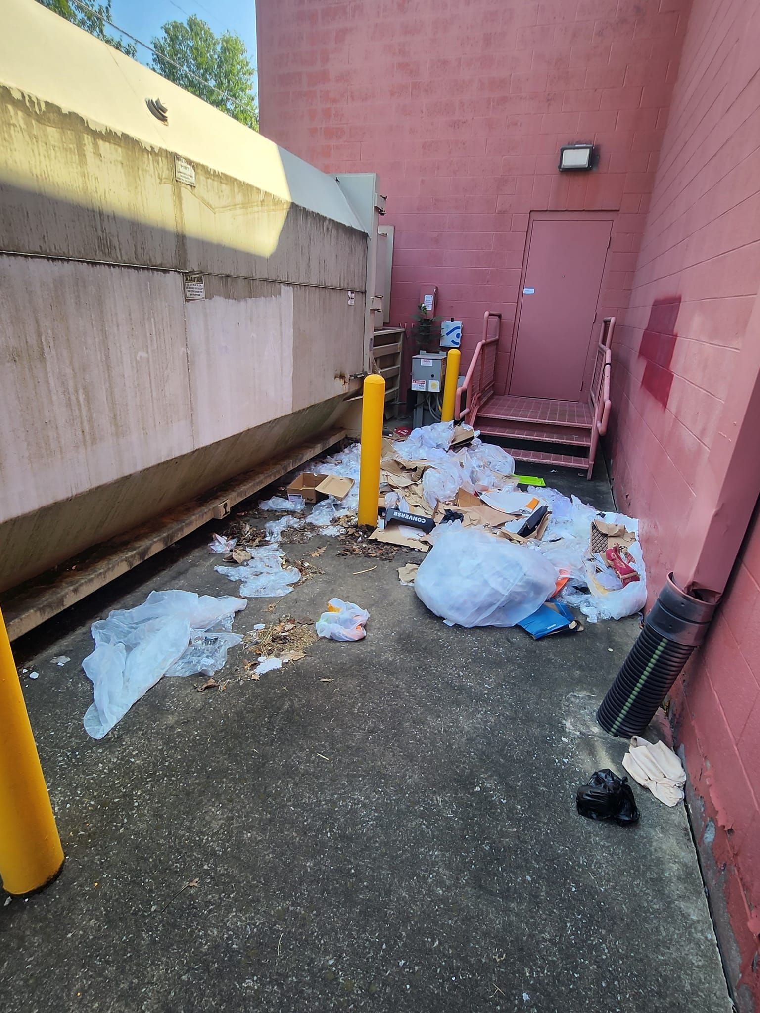 Trash strewn on concrete in alleyway, next to pink wall and door. Yellow bollards.
