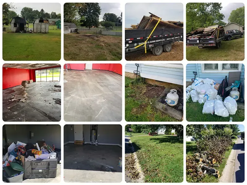 Collage: Various scenes of property cleanup and renovation, including debris removal and interior work.