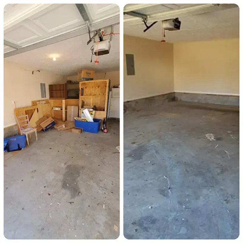 Garage before and after cleaning. The messy side shows clutter. The other is empty and clean.