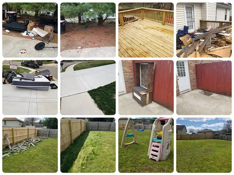A collage showing various outdoor spaces, including a deck, yard, sidewalk, and structures with debris.