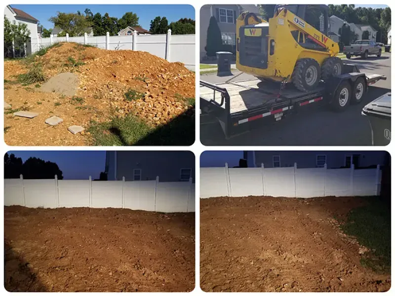 Four-panel collage: A pile of dirt being removed by a yellow skid steer. Cleaned dirt next to a white fence.