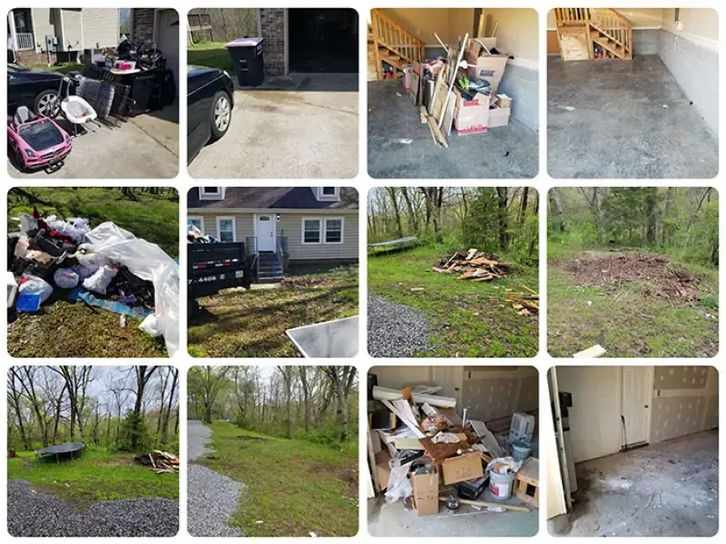 A collage of exterior and interior scenes: garage sale, yard debris, house front, and garage spaces in various states.