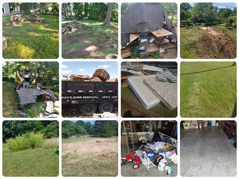 Collage of before and after photos: yard cleanup, home demolition, junk removal, empty spaces.