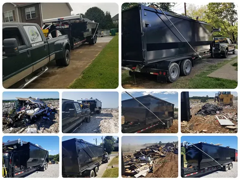 Dumpster trailer being used to haul debris and trash from a construction site or demolition.