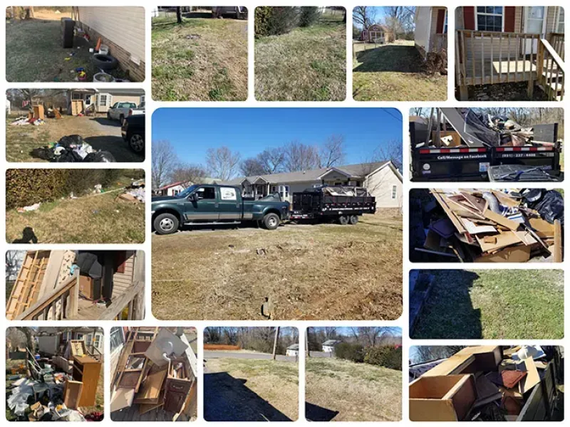 Debris removal: Truck and trailer hauling away trash and yard waste from residential property cleanup.