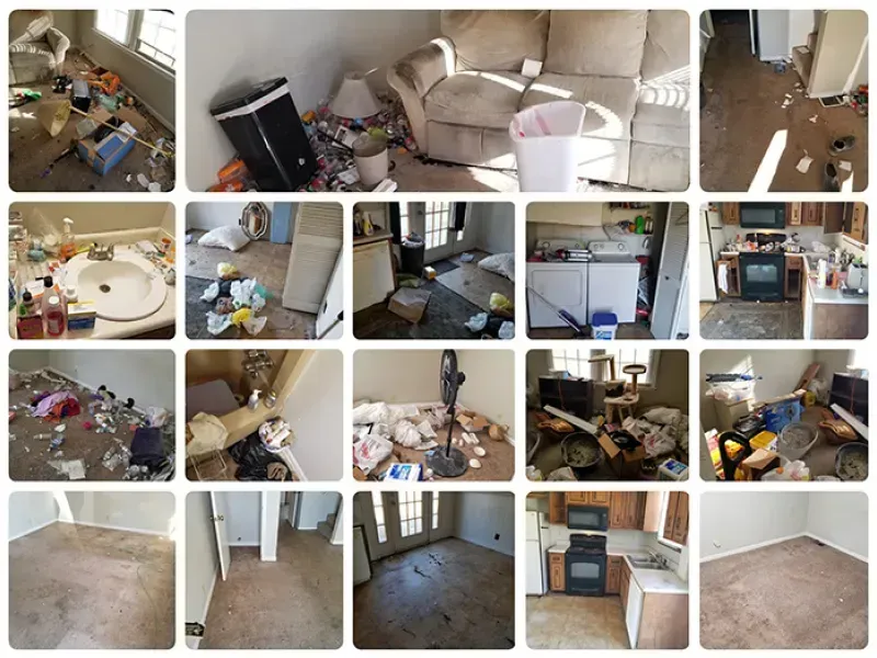 A cluttered home, rooms filled with trash and debris, including a dirty kitchen and bathroom.