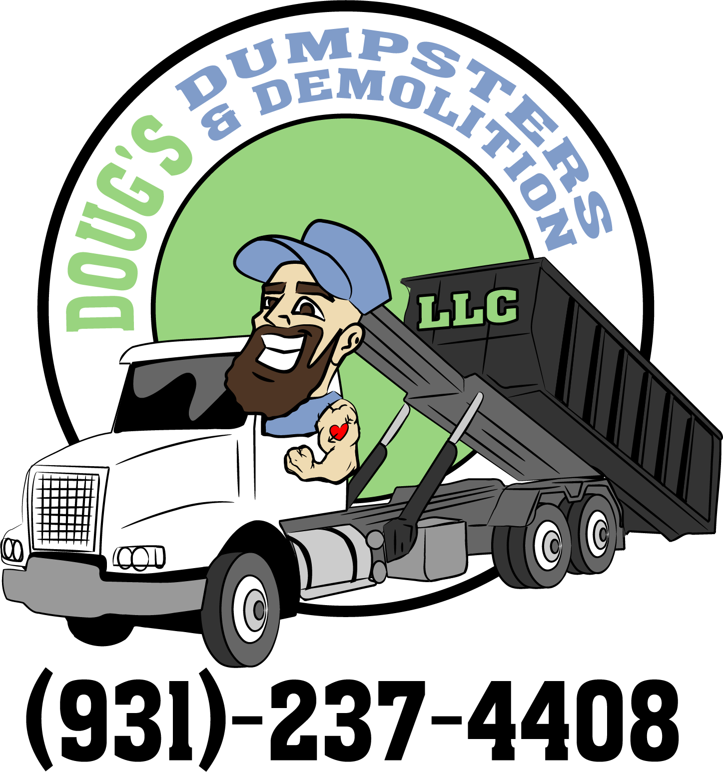 Dumpshifters & Demolition LLC logo with a white dump truck and phone number (931)-237-4408