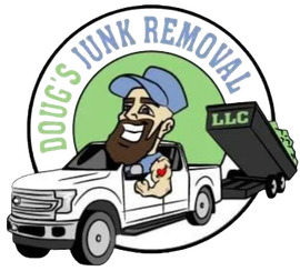 Doug's Junk Removal logo: smiling man in truck with trailer, green circle, white truck, hauling junk.