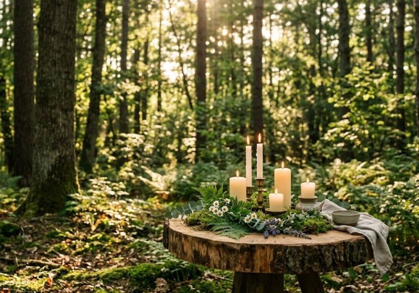Memorial candles and flowers on rustic table in forest, cremation services in Colchester VT