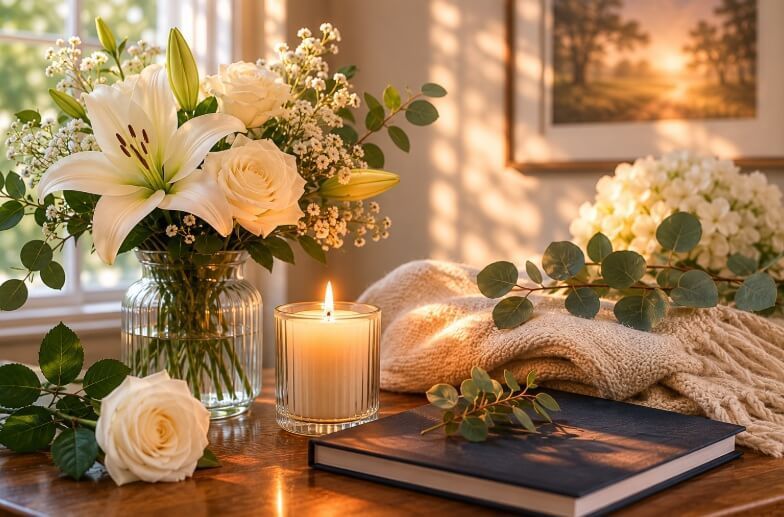 White lilies and a candle on a table for cremation services in Colchester, VT.