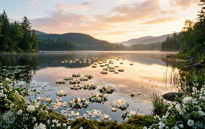 Peaceful lakeside memorial with floating flowers during cremation service in Milton, VT