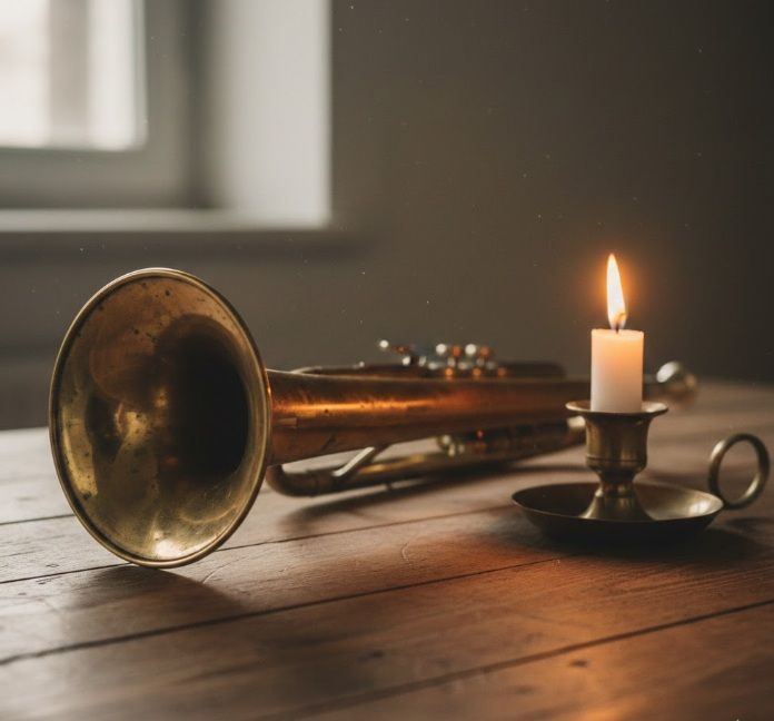 Trumpet beside lit candle on wooden table, cremation services in Milton, VT