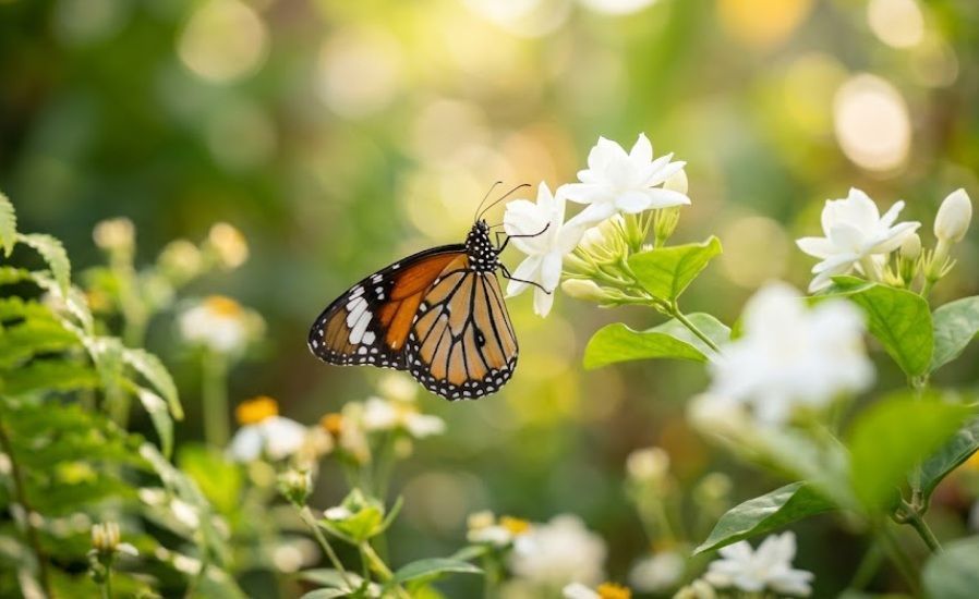 Monarch butterfly on white flowers in soft sunlight, funeral homes in Colchester VT