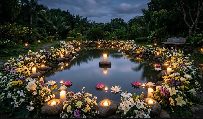 Candlelit memorial garden with flowers surrounding reflective pond at funeral home in Milton, VT
