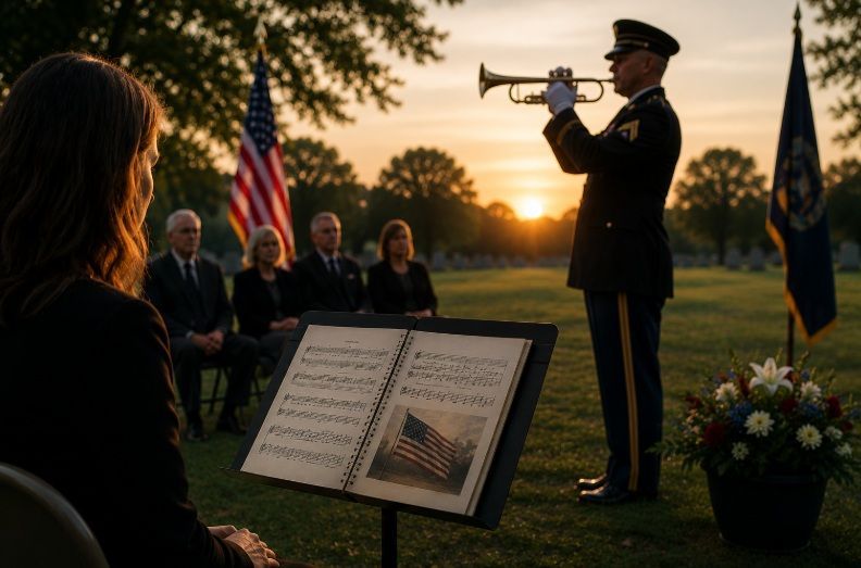 Military bugler performing honors during a memorial service at sunset in Milton, VT