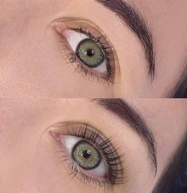 A before and after picture of a woman 's eye with lashes.