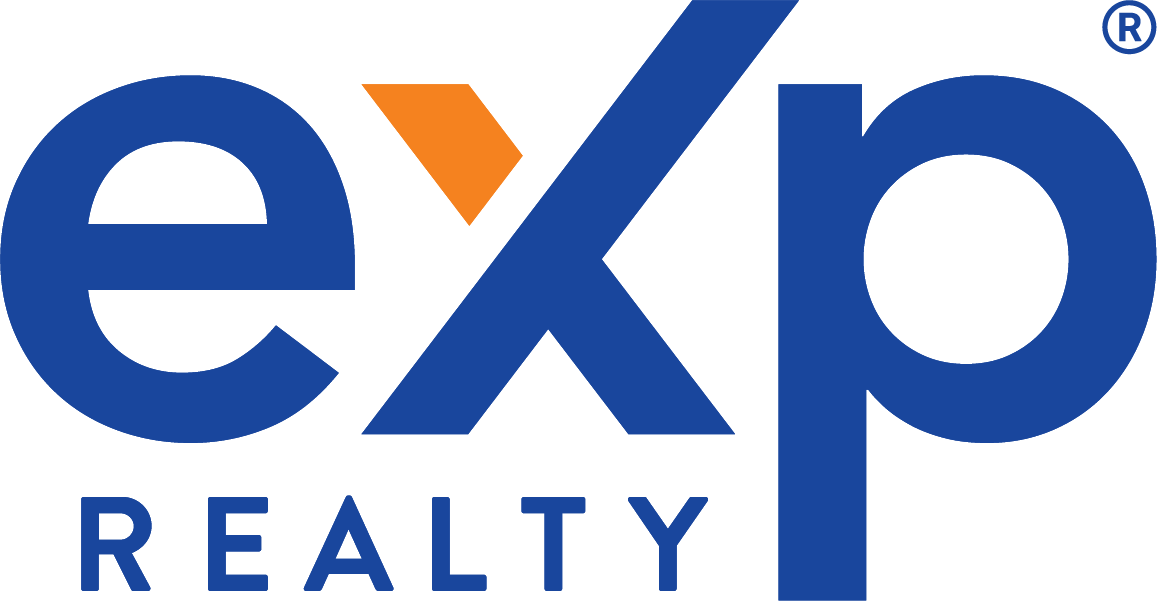 A blue and orange logo for exp realty