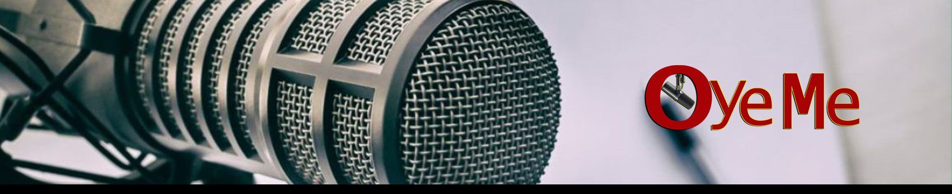Close-up of a microphone next to the red logo 
