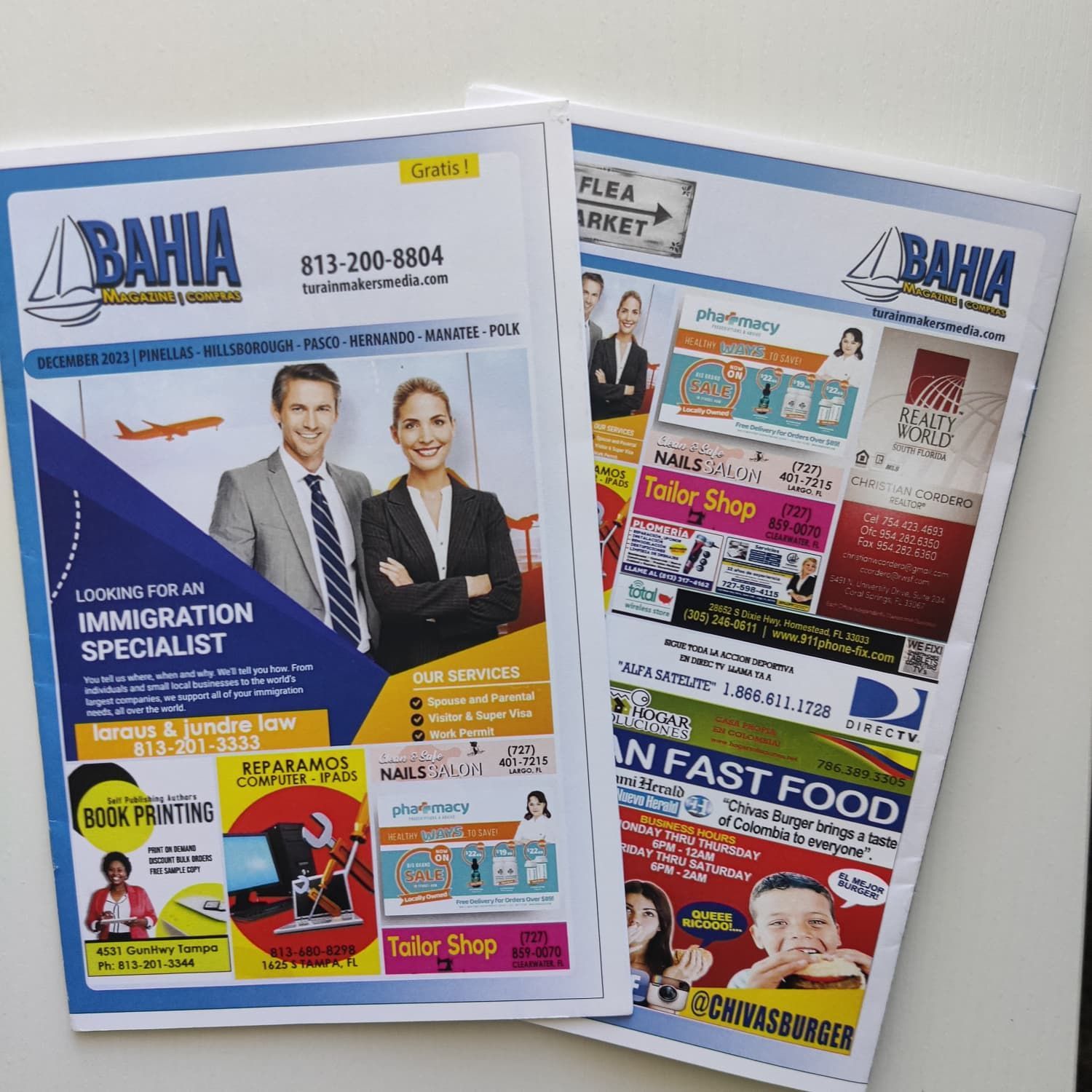 Two pamphlets with the logo "Bahia" are displayed. The left flyer promotes immigration services with a photo of a smiling couple. The right flyer advertises various local businesses.