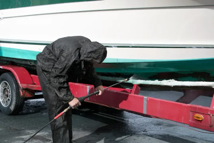 A man is washing a boat on a trailer with a high pressure washer.
