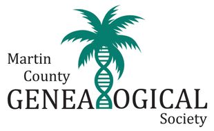 The words Martin County Genealogical Society with an icon of a palm tree used as an L. The tree's trunk is a double helix.