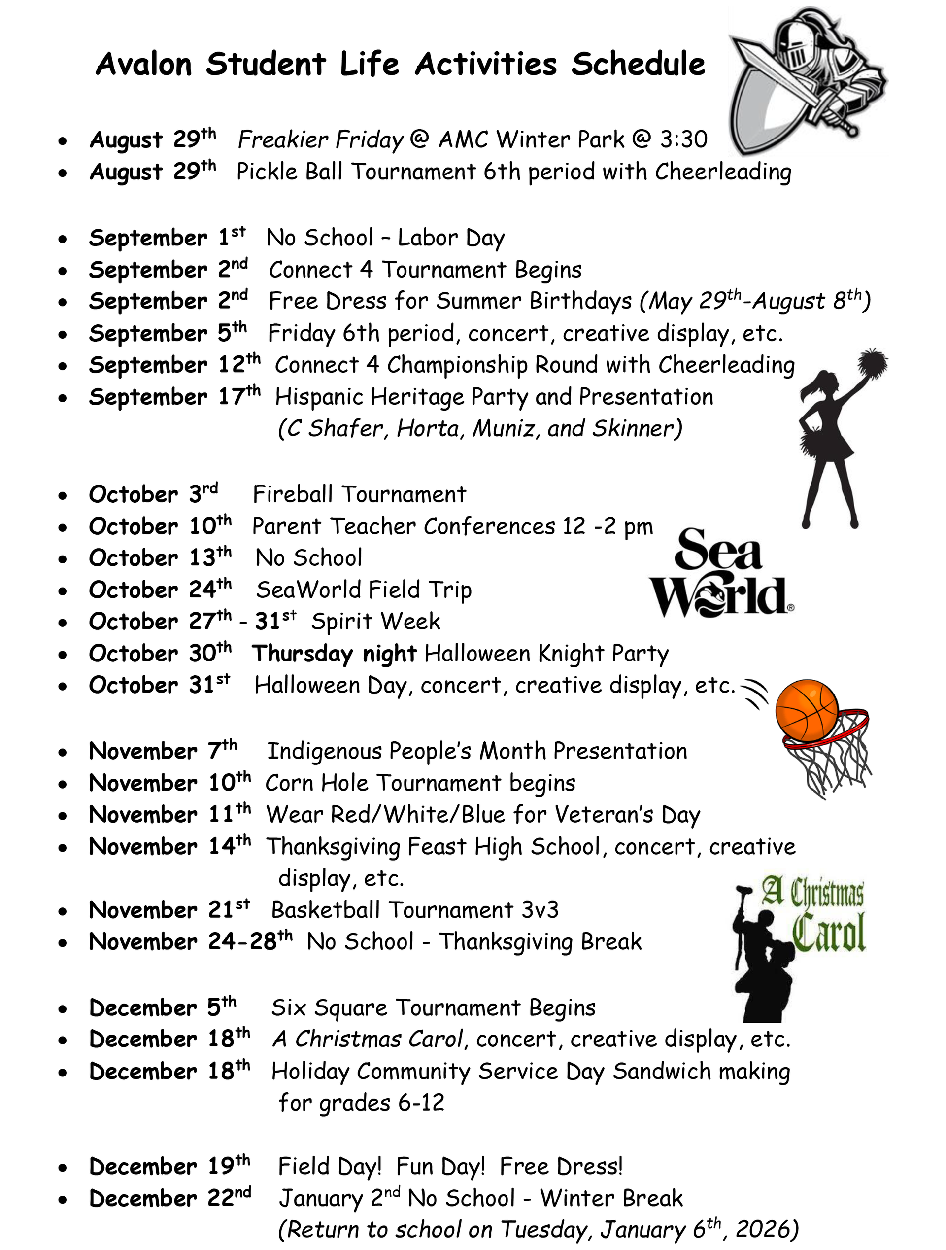 Schedule of Avalon Student Life Activities, including events like tournaments, field trips, and holidays.