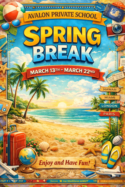 Avalon Private School Spring Break flyer, March 13th-22nd, featuring a sunny tropical beach scene with travel items.