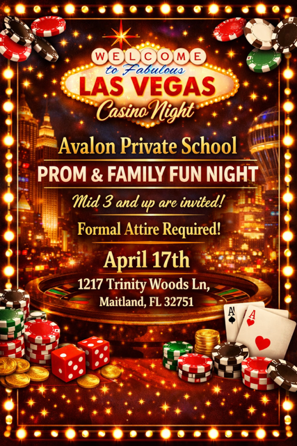 Event flyer for Avalon Private School’s Las Vegas-themed casino night on April 17th, with poker chips and dice, in Maitland.
