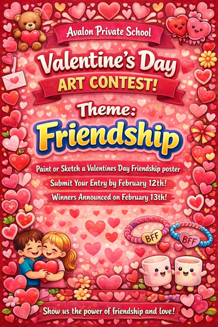 Valentine's Day art contest poster for Avalon Private School, themed 