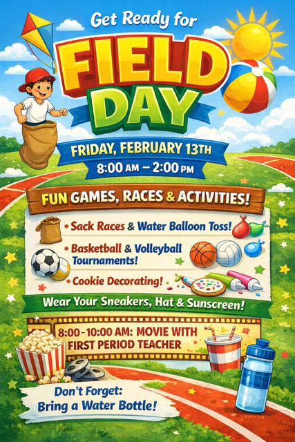 Event flyer for Field Day on February 13th, 8:00 AM–2:00 PM, featuring games, activities, and a morning movie.