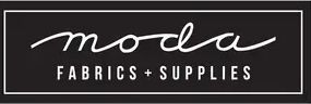A black and white logo for moda fabrics and supplies.