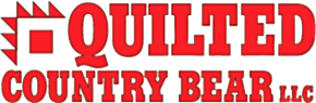 The logo for quilted country bear llc is red on a white background.