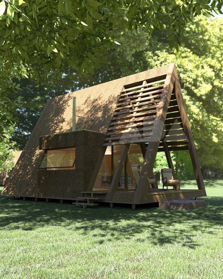 Wooden tiny home interior with ladder to loft, fireplace, and large window.
