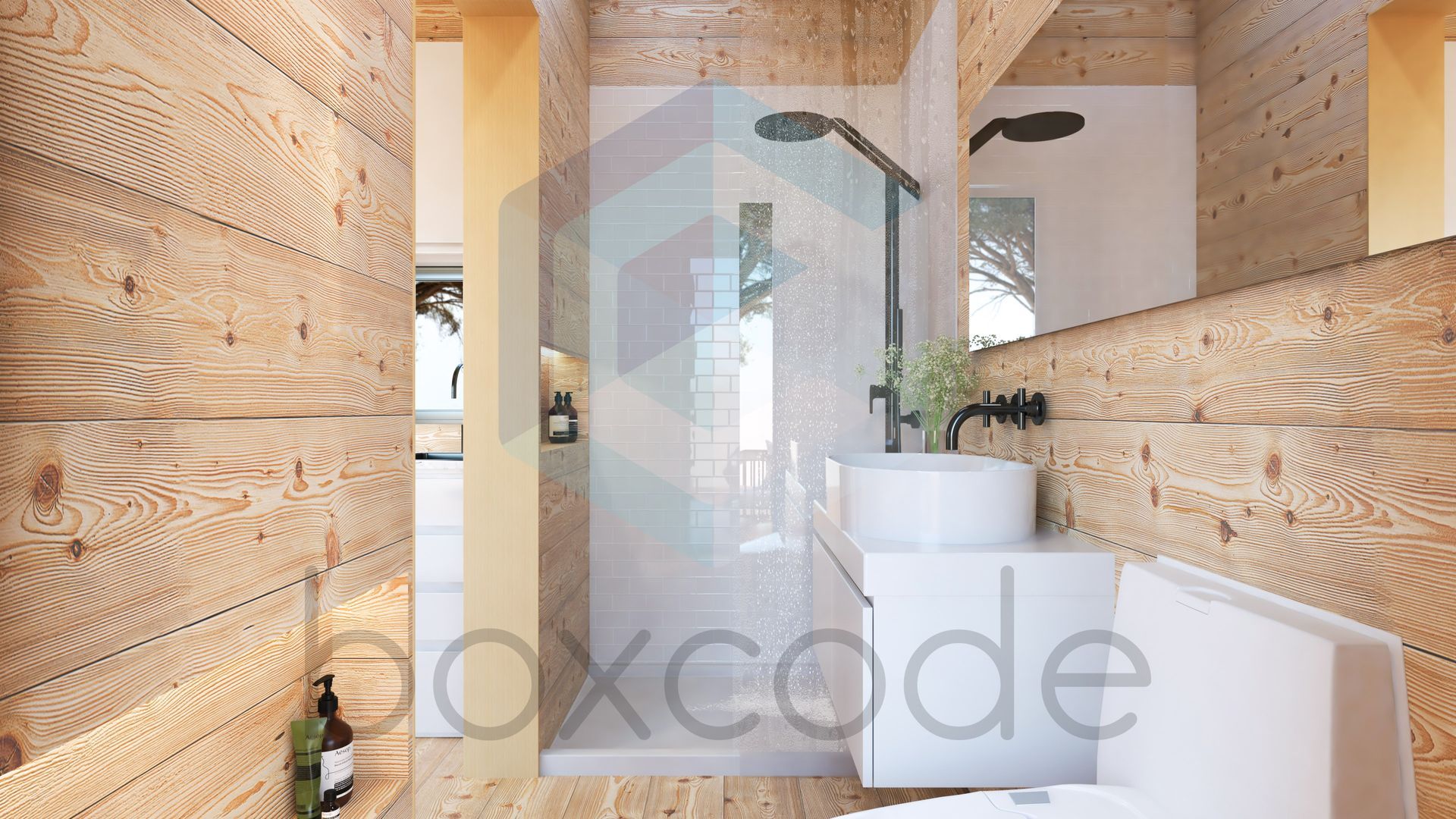 Wooden-paneled bathroom with a shower, sink, and toilet. Warm tones and natural light create a cozy ambiance.