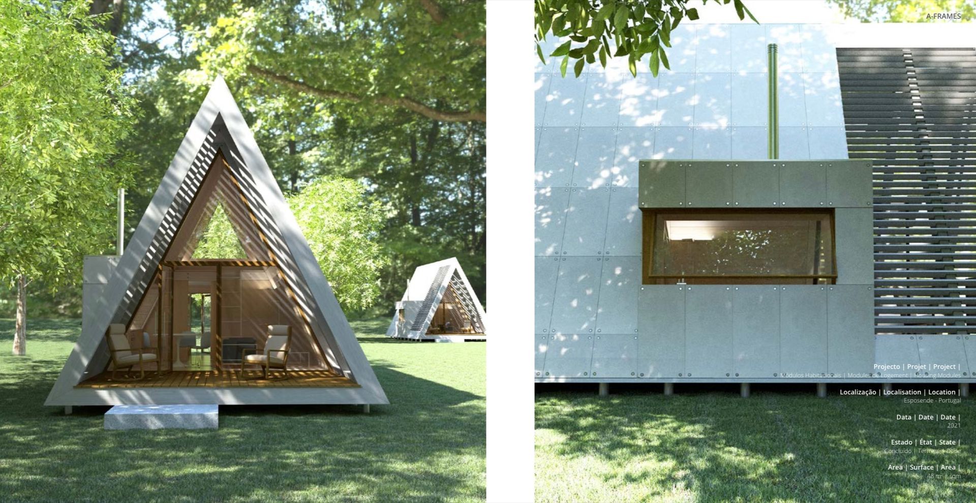 Tiny, modern cabin with brown siding, dark window frames, and glass door on a wooden deck.