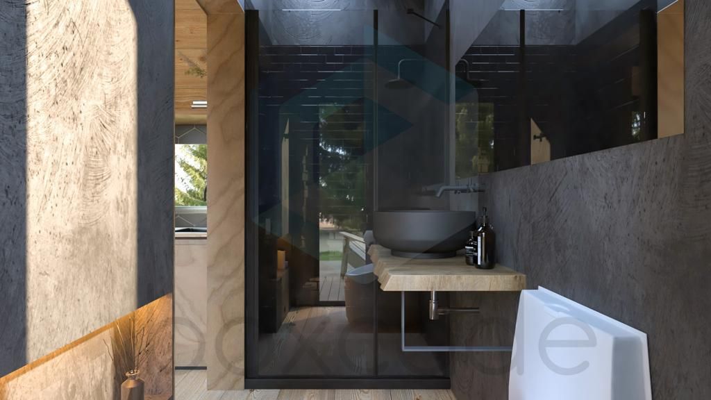 Modern bathroom with concrete walls, wooden vanity, glass shower, and outdoor view.