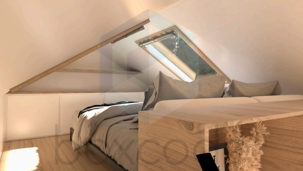 Bedroom in an attic with a bed, skylight, and wooden accents. Soft lighting.