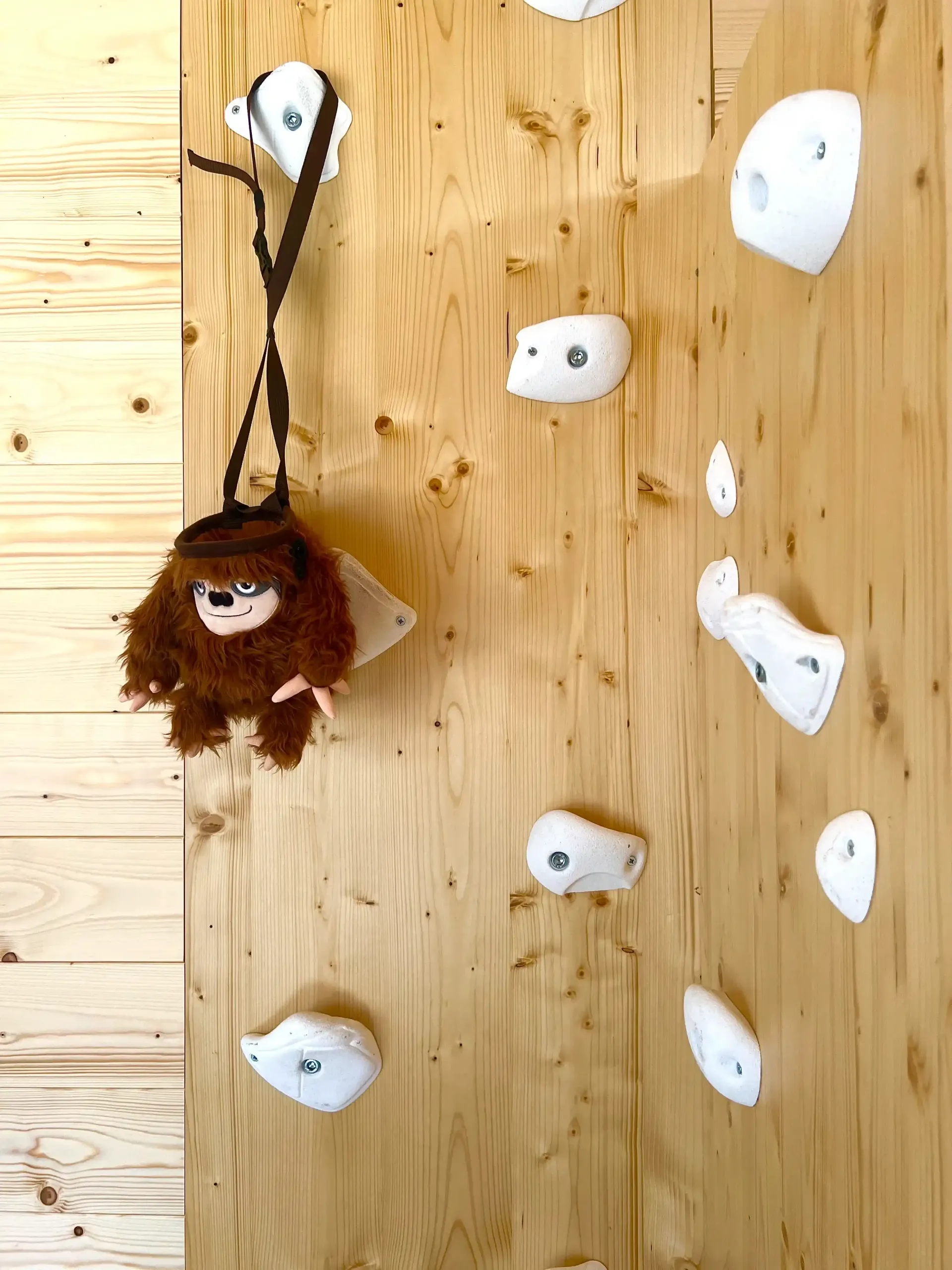 A plush, furry monkey hangs on a climbing wall with white handholds.