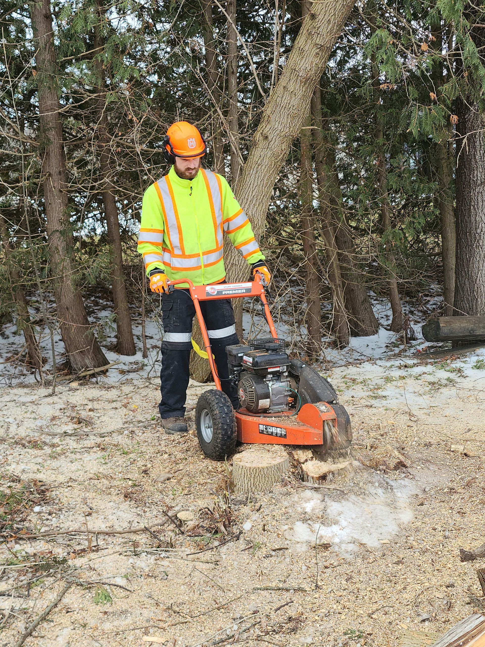 A tech using a stump grinder
