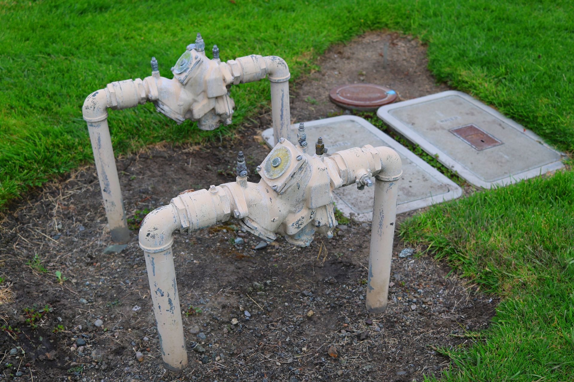Two water meter assemblies with concrete covers on grass.