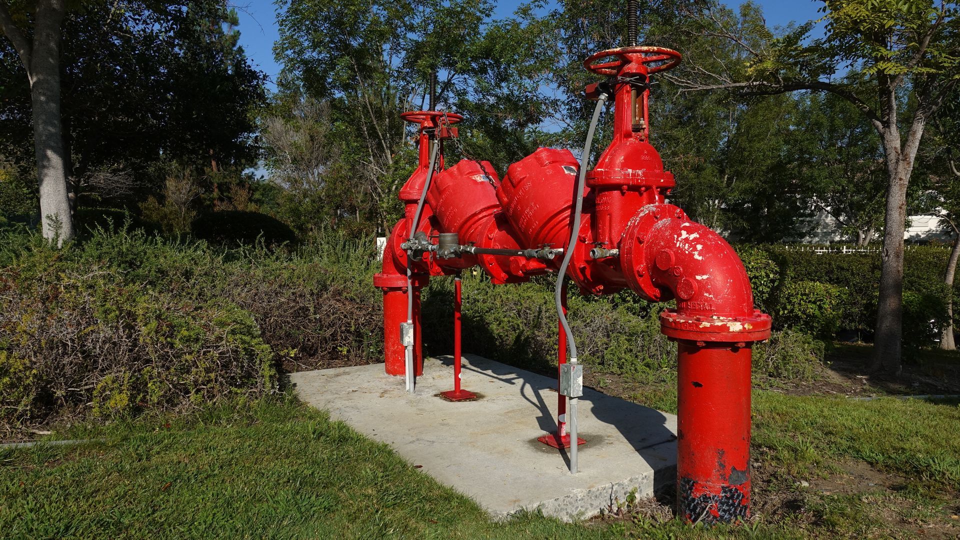 Red water pipes and valves on concrete base outdoors with green foliage.