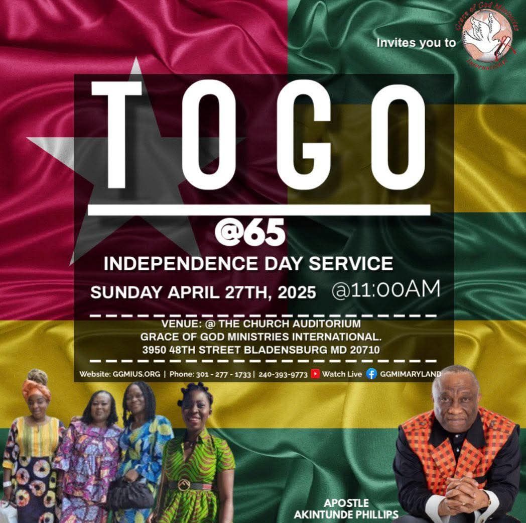 Flyer for Togo Independence Day service. Features Togo flag, text, and group photo.