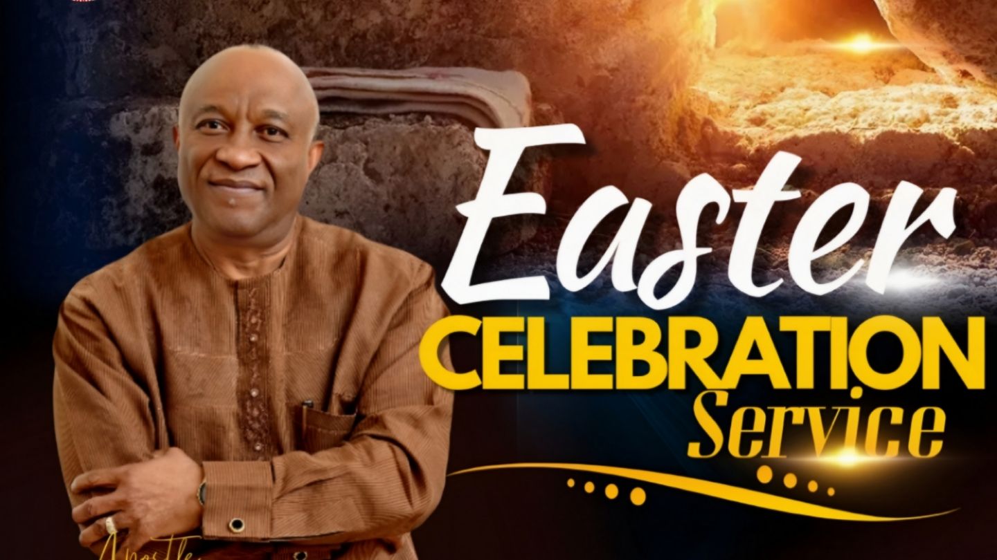 Man in brown shirt with Easter service text, tomb background.