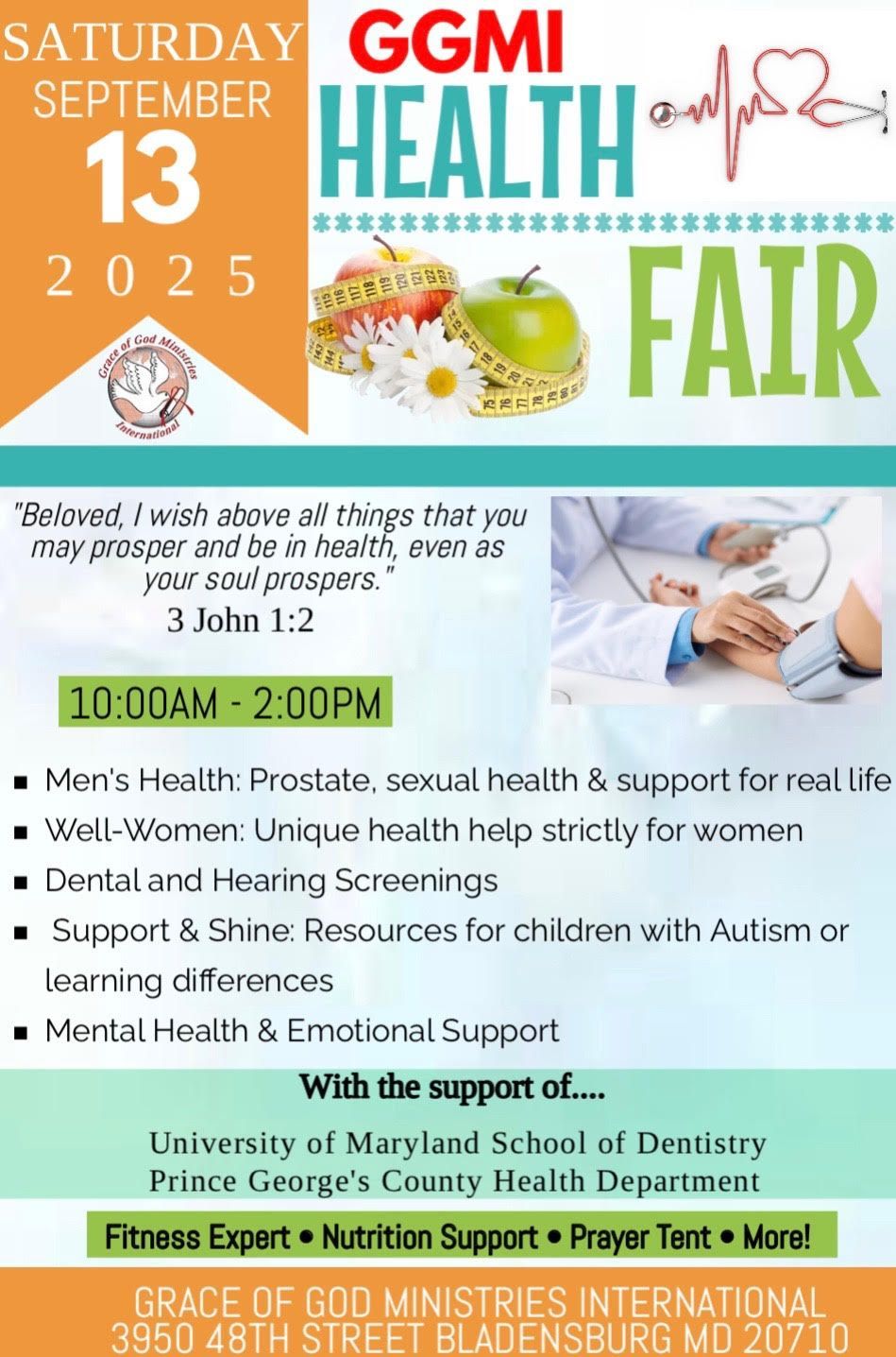 Health Fair flyer: September 13, 2025, at Grace of God Ministries. Includes health screenings, support, and resources.